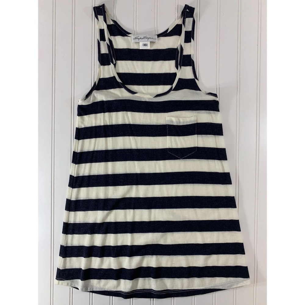 Sophia Eugene Tank Top Womens XS Navy White Striped Pocket Racerback Nautical